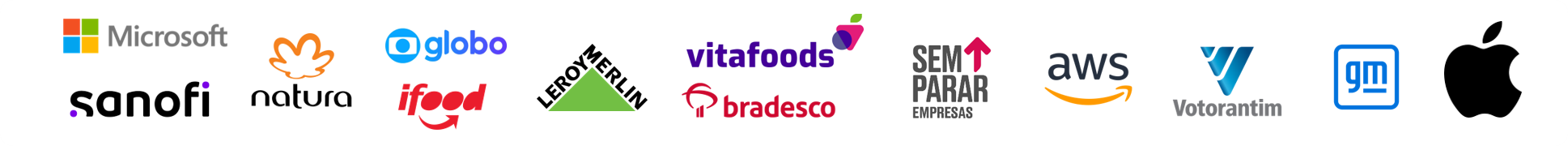 Microsoft, Sanofi, Natura, Globo, iFood, Leroy Merlin, Vitafoods, Bradesco, Sem Parar Empresas, AWS, Votorantim, GM e Apple